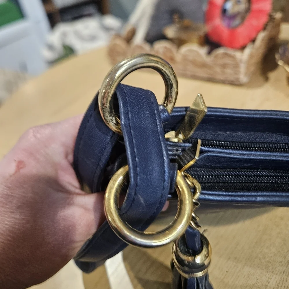 Vintage FIRST EDITION Navy Leather Crossbody Bag Gold Hardware Tassel.